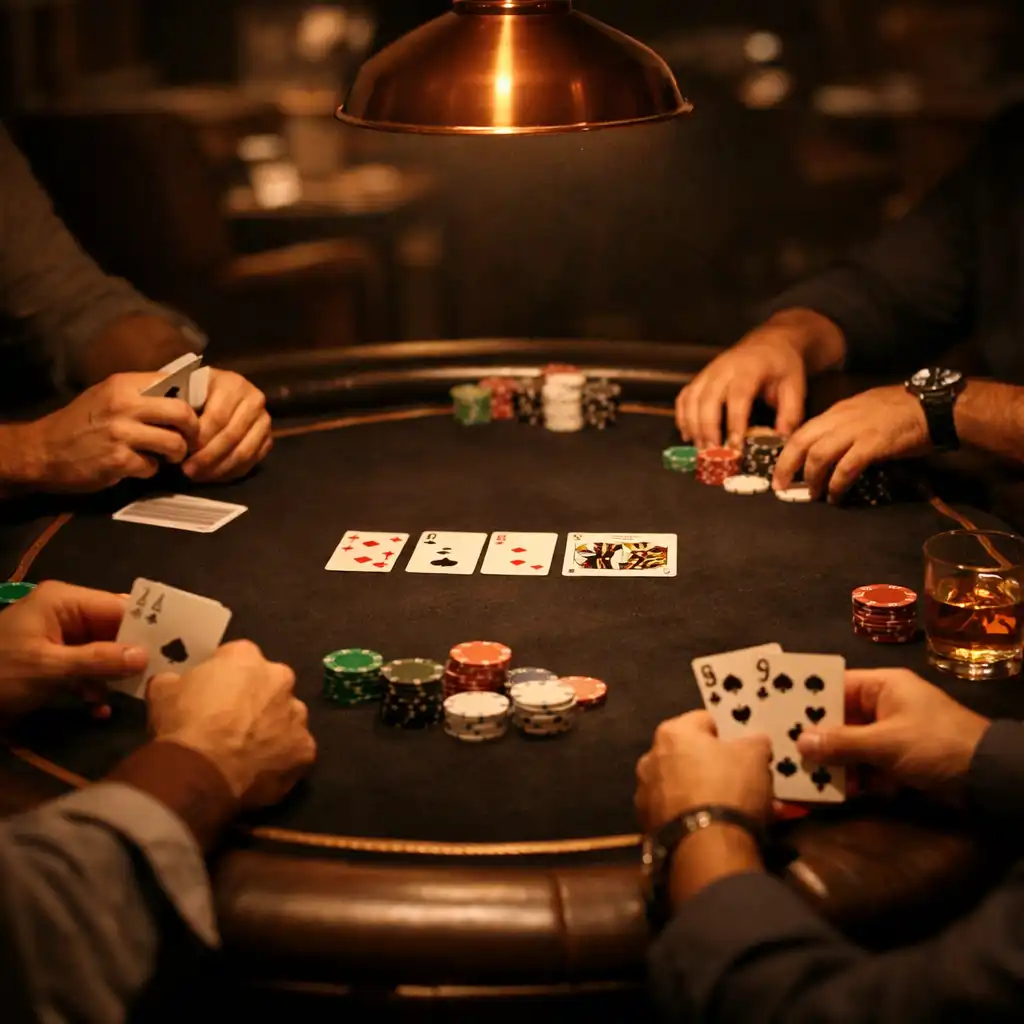 Wieczorna scena w Card Lounge – cztery osoby przy stole do pokera, ciepłe światło lampy z miedzianym kloszem