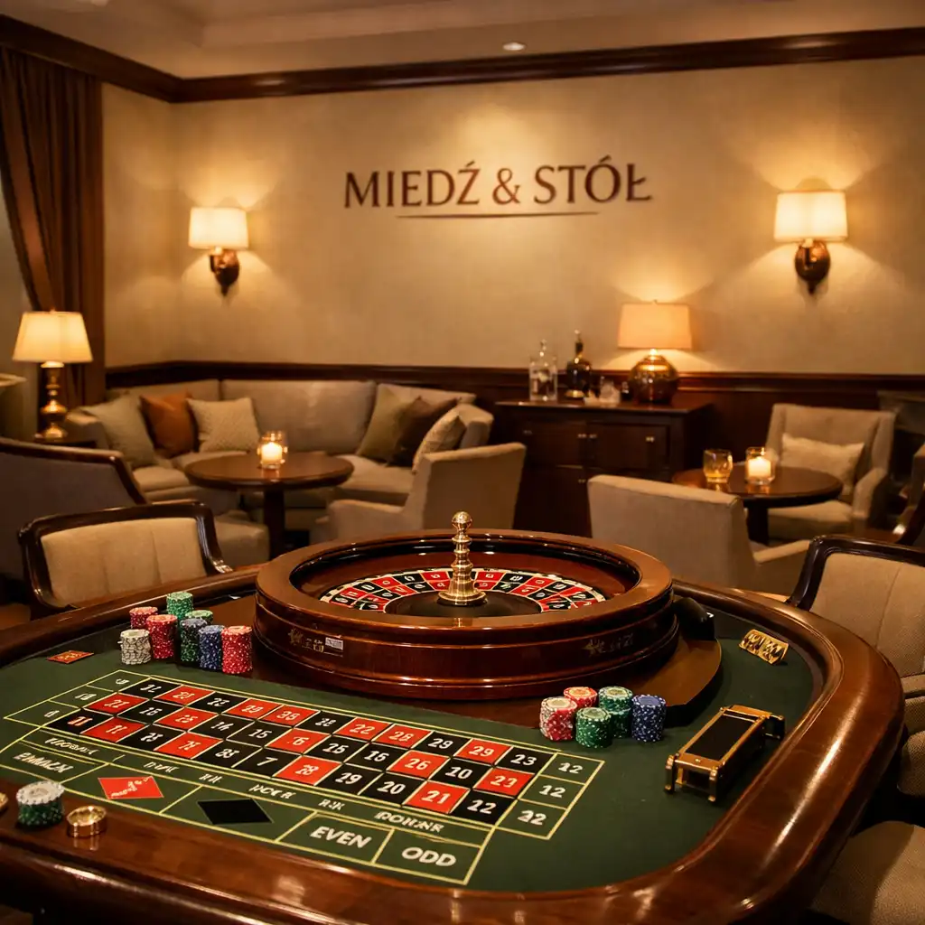 Wnętrze Card Lounge z ruletką, ciepłym oświetleniem i eleganckimi detalami
