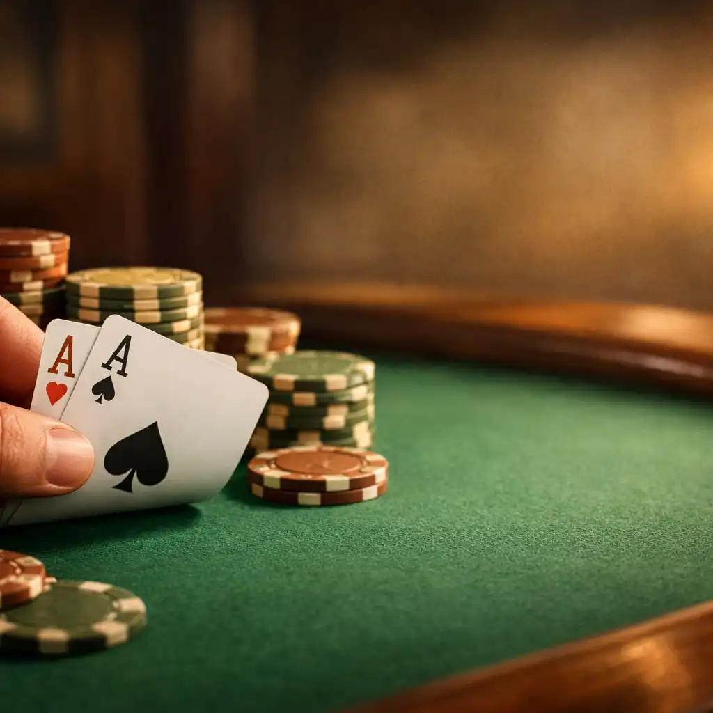 Zbliżenie na fragment stołu pokerowego: dłoń gracza trzymająca karty, zielone sukno, żetony ceramiczne w kolorach ziemi