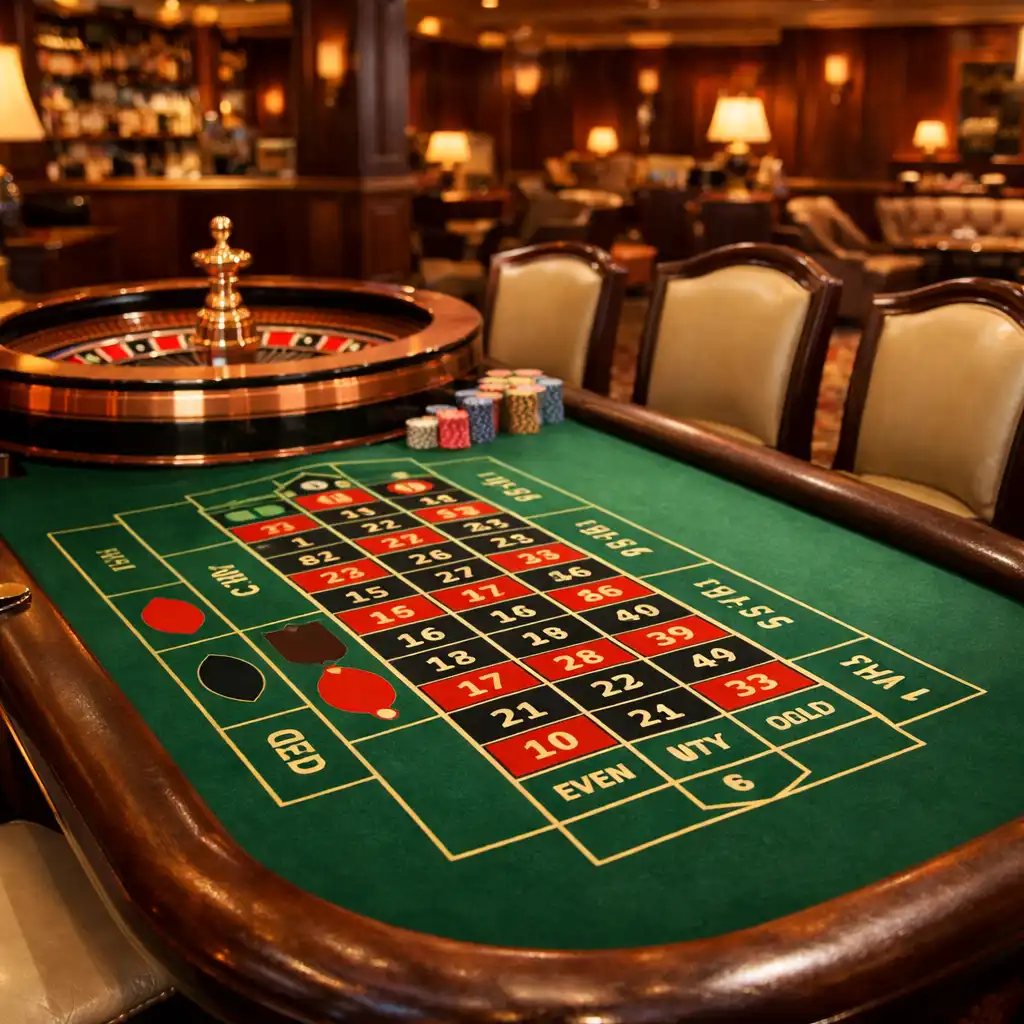 Stół do ruletki z zielonym suknem i miedzianymi akcentami w Card Lounge