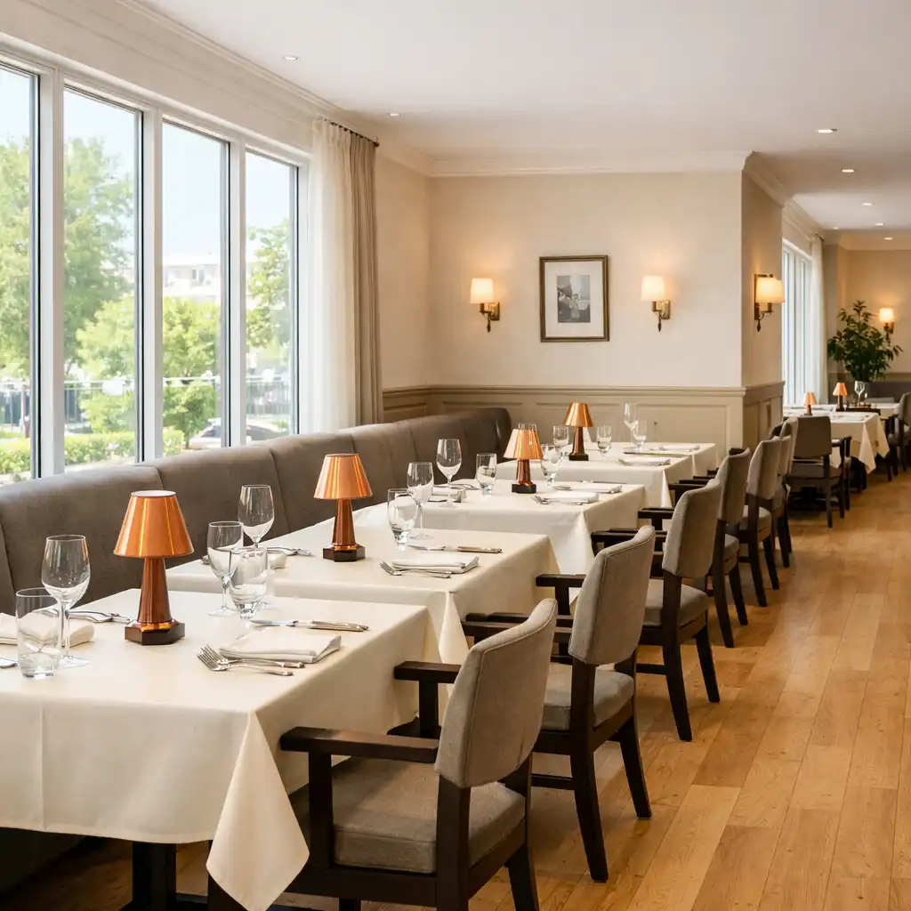 Główna sala restauracji z rzędem stolików i dużymi oknami