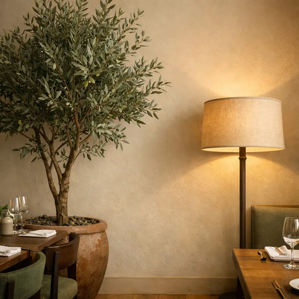 Drzewko oliwne i lampa podłogowa z lnianym abażurem w rogu restauracji